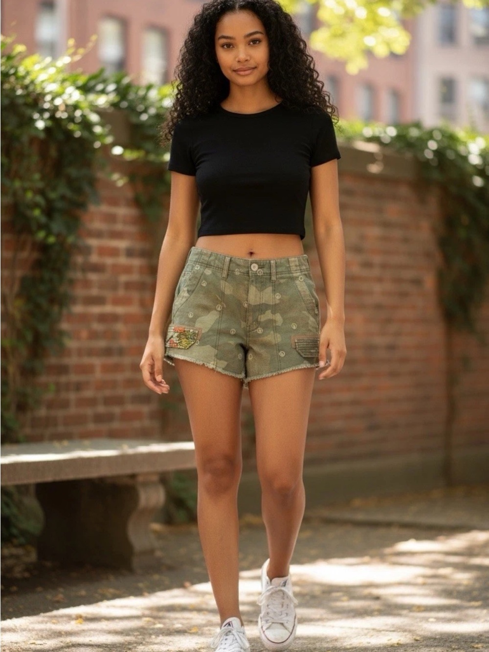 Pilcro Anthropologie embroidered peace  Camouflage Utility Shorts Sooo Cute!